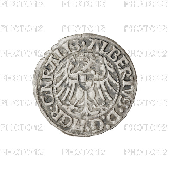 Teutonic groschen, Albrecht Hohenzollern (prince in Prussia; Grand Master; 1490–1568). Obverse: Brandenburg eagle with Hohenzollern shield on its breast; in the rim between the pearly borders an inscription. Reverse: Grand Master's monastic shield with a cross whose elongated, widening arms divide the rim legend and reach the outer rim; in the rim between the pearly borders an inscription. Iconography: Brandenburg eagle, Hohenzollern coat of arms, cross with elongated arms, Grand Master's monastic shield; Teutonic Knights (order). Date: 1515. State of the Teutonic Order (1226–1525), Königsberg. Coin; diameter 20.7 mm; weight 1.57 g; axis 0°.