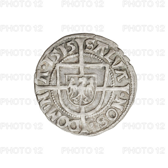 Teutonic groschen, Albrecht Hohenzollern (prince in Prussia; Grand Master; 1490–1568). Obverse: Brandenburg eagle with Hohenzollern shield on its breast; in the rim, between the pearly borders, an inscription. Reverse: Grand Master's monastic shield with a cross whose elongated, widening arms divide the rim legend and reach the outer rim; in the rim between the pearl borders there is an inscription. Iconography: Brandenburg eagle, Hohenzollern coat of arms, cross with elongated arms, Grand Master's monastic shield; Teutonic Knights (order). Date: 1515. State of the Teutonic Order (1226–1525), Königsberg. Coin: diameter 20.7 mm, weight 1.57 g, axis 0°.