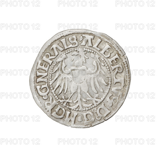 Teutonic groschen, Albrecht Hohenzollern (prince in Prussia; Grand Master; 1490–1568). Obverse: Brandenburg eagle with the Hohenzollern shield on its chest; on the rim between the pearl borders an inscription. Reverse: Monastic shield of the Grand Master with a cross whose elongated, widening arms divide the rim legend and reach the outer rim; in the rim between the pearl borders an inscription. 1515. State of the Teutonic Order (1226–1525), Königsberg. Coin; diameter 21.6 mm; weight 1.36 g; axis 0°.