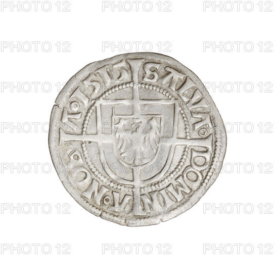 Teutonic groschen, Albrecht Hohenzollern (prince in Prussia; Grand Master; 1490–1568). Obverse: Brandenburg eagle with the Hohenzollern shield on its chest; on the rim, between the pearly borders, an inscription. Reverse: Monastic shield of the Grand Master with a cross whose elongated, widening arms divide the rim legend and reach the outer rim; in the rim between the pearl borders there is an inscription. 1515. State of the Teutonic Order (1226–1525), Königsberg. Coin; diameter 21.6 mm; weight 1.36 g; axis 0°.