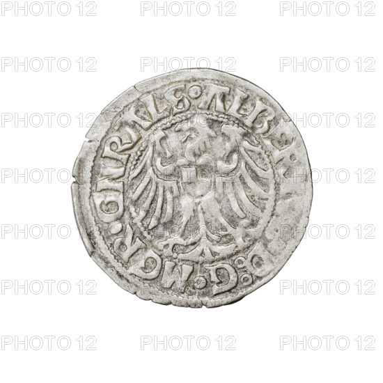 Teutonic groschen, Albrecht Hohenzollern (prince in Prussia; Grand Master; 1490–1568). Obverse: Brandenburg eagle with the Hohenzollern shield on its chest; rim inscription between pearl borders. Reverse: Monastic shield of the Grand Master with a cross whose elongated, widening arms divide the rim legend and reach the outer rim; rim inscription between pearl borders. Date: 1515. State of the Teutonic Order (1226–1525), Königsberg. Coin; diameter ~21.1–21.3 mm, weight 1.43 g, axis 45°. Hohenzollern coat of arms; Teutonic Knights (order).