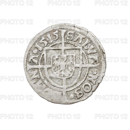 Teutonic groschen, Albrecht Hohenzollern (prince in Prussia; Grand Master; 1490–1568). Obverse: Brandenburg eagle with the Hohenzollern shield on his chest; on the rim between the pearly borders an inscription. Reverse: monastic shield of the Grand Master with a cross whose elongated, widening arms divide the rim legend and reach the outer rim; in the rim between the pearl borders there is an inscription. Date: 1515. State of the Teutonic Order (1226–1525), Königsberg. Coin; diameter 21.1–21.3 mm, weight 1.43 g, axis 45°.