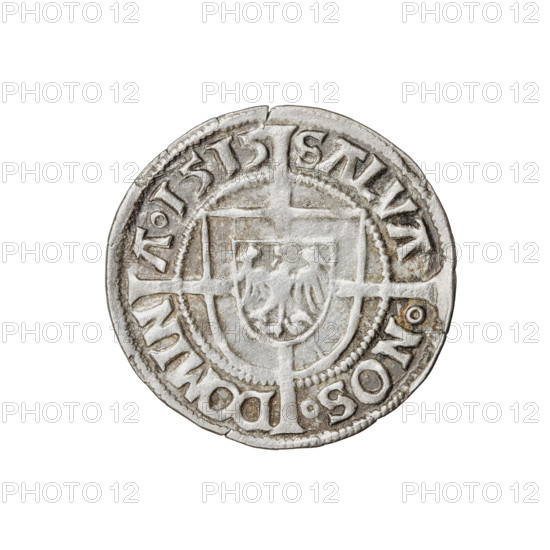 Teutonic groschen, Albrecht Hohenzollern (prince in Prussia; Grand Master; 1490–1568). Obverse: Brandenburg eagle with the Hohenzollern shield on its chest; on the rim, between the pearly borders, an inscription. Reverse: monastic shield of the Grand Master with a cross whose elongated, widening arms divide the rim legend and reach the outer rim; in the rim between the pearl borders there is an inscription. 1515. State of the Teutonic Order (1226–1525), Königsberg. Coin; diameter 21.2–21.4 mm, weight 1.73 g, axis 0°.