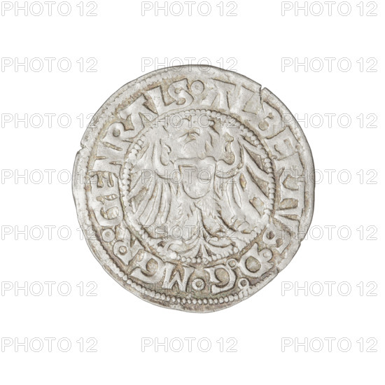 Teutonic groschen, Albrecht Hohenzollern (prince in Prussia; Grand Master; 1490–1568). Obverse: Brandenburg eagle with the Hohenzollern shield on its chest; on the rim between the pearly borders an inscription. Reverse: monastic shield of the Grand Master with a cross whose elongated, widening arms divide the rim legend and reach the outer rim; on the rim between the pearly borders an inscription. 1515; State of the Teutonic Order (1226–1525), Königsberg; coin; diameter 21.6 mm; weight 1.74 g; axis 45°. Hohenzollern coat of arms; Teutonic Knights (order); cross with elongated arms (iconographic); monastic shield of the Grand Master (iconographic); Brandenburg eagle (iconographic).