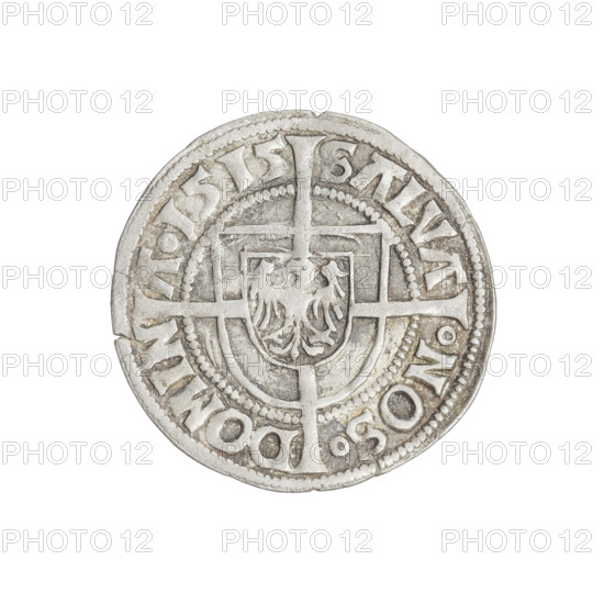 Teutonic groschen, Albrecht Hohenzollern (prince in Prussia; Grand Master; 1490–1568). Obverse: Brandenburg eagle with the Hohenzollern shield on its chest; on the rim between the pearly borders an inscription. Reverse: Monastic shield of the Grand Master with a cross whose elongated, widening arms divide the rim legend and reach the outer rim; in the rim between the pearl borders there is an inscription. 1515. State of the Teutonic Order (1226–1525), Königsberg. Coin, diameter 21.6 mm, weight 1.74 g, axis 45°.