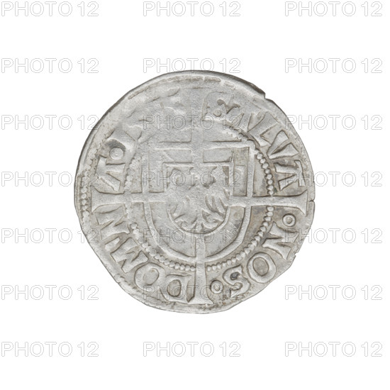 Teutonic groschen, Albrecht Hohenzollern (prince in Prussia; Grand Master; 1490–1568). Obverse: Brandenburg eagle with the Hohenzollern shield on its chest; on the rim, between the pearly borders, an inscription. Reverse: Monastic shield of the Grand Master with a cross whose elongated, widening arms divide the rim legend and reach the outer rim; in the rim between the pearl borders there is an inscription. 1515. State of the Teutonic Order (1226–1525), Königsberg. Coin; diameter 21 mm; weight 1.58 g; axis 330°.