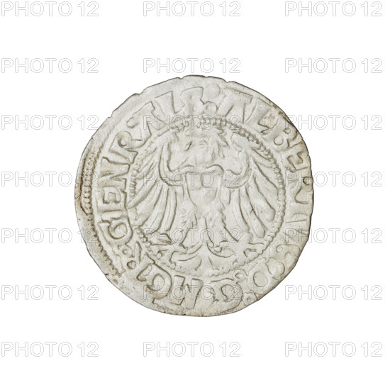 Teutonic groschen, Albrecht Hohenzollern (prince in Prussia; Grand Master; 1490–1568). Obverse: Brandenburg eagle with the Hohenzollern shield on its breast; in the rim, between pearly borders, an inscription. Reverse: monastic shield of the Grand Master with a cross whose elongated, widening arms divide the rim legend and reach the outer rim; in the rim between the pearl borders an inscription. Iconography: cross with elongated arms, monastic shield of the Grand Master, Brandenburg eagle, Hohenzollern coat of arms; Teutonic Knights (order). Date: 1515. State of the Teutonic Order (1226–1525). Mint: Königsberg. Coin: diameter 20.8 mm, weight 1.62 g, axis 0°.