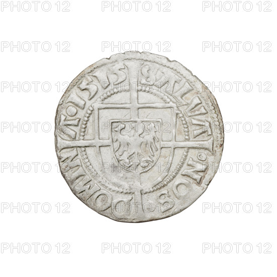 Teutonic groschen, Albrecht Hohenzollern (prince in Prussia; Grand Master; 1490–1568). Obverse: Brandenburg eagle with the Hohenzollern shield on its breast; in the rim between the pearly borders an inscription. Reverse: monastic shield of the Grand Master with a cross whose elongated, widening arms divide the rim legend and reach the outer rim; in the rim between the pearly borders an inscription. Iconography: cross with elongated arms, monastic shield of the Grand Master, Brandenburg eagle, Hohenzollern coat of arms; Teutonic Knights. Date: 1515. State of the Teutonic Order (1226–1525), Königsberg. Coin. Diameter 20.8 mm; weight 1.62 g; axis 0°.