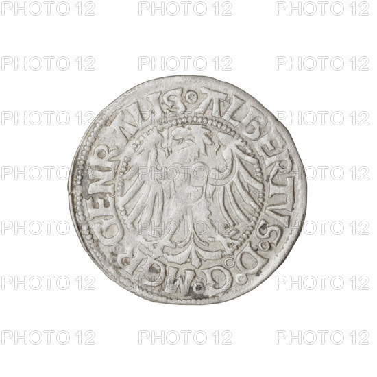 Teutonic groschen, Albrecht Hohenzollern (prince in Prussia; Grand Master; 1490–1568). Obverse: Brandenburg eagle with the Hohenzollern shield on its chest; on the rim between pearl borders an inscription. Reverse: monastic shield of the Grand Master with a cross whose elongated, widening arms divide the rim legend and reach the outer rim; on the rim between the pearl borders an inscription. 1515. State of the Teutonic Order (1226–1525), Königsberg. Coin; diameter 21.3 mm; weight 1.55 g; axis 315°. Iconography: cross with elongated arms, monastic shield, Brandenburg eagle, Hohenzollern coat of arms, Teutonic Knights (order).