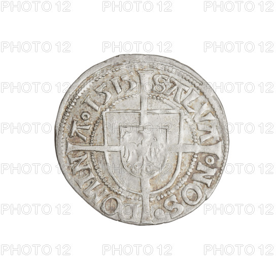 Teutonic groschen, Albrecht Hohenzollern (prince in Prussia; Grand Master; 1490–1568). Obverse: Brandenburg eagle with the Hohenzollern shield on its chest; on the rim between pearly borders an inscription. Reverse: monastic shield of the Grand Master with a cross whose elongated, widening arms divide the rim legend and reach the outer rim; in the rim between the pearl borders there is an inscription. 1515. State of the Teutonic Order (1226–1525), Königsberg. Coin; diameter 21.3 mm; weight 1.55 g; axis 315°.
