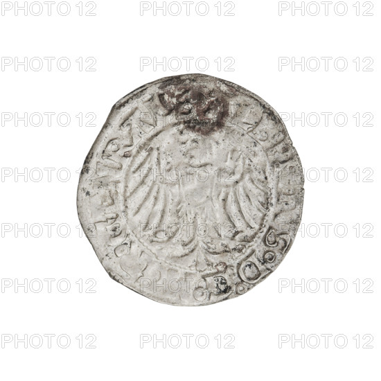Teutonic groschen, Albrecht Hohenzollern (prince in Prussia; Grand Master; 1490–1568). Obverse: Brandenburg eagle with the Hohenzollern shield on his chest; on the rim, between pearly borders, an inscription. Reverse: monastic shield of the Grand Master with a cross whose elongated, widening arms divide the rim legend and reach the outer rim; on the rim between the pearl borders there is an inscription, 1515. State of the Teutonic Order (1226–1525), Königsberg. Coin; diameter ~20.3–20.5 mm, weight 1.53 g, axis 45°.