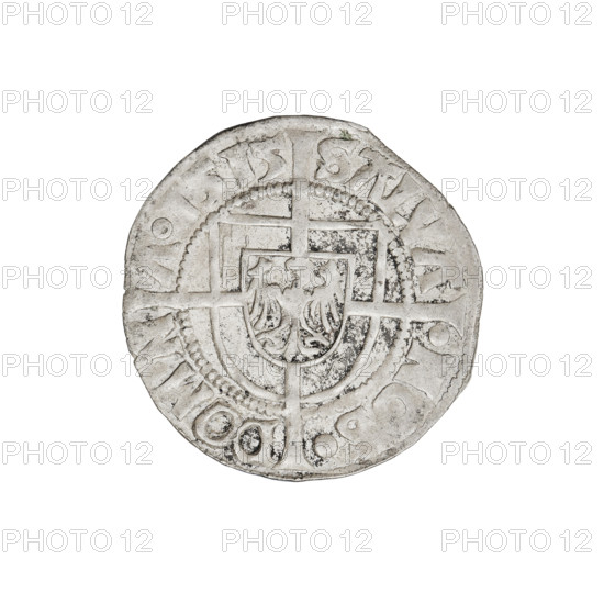 Teutonic groschen, Albrecht Hohenzollern (prince in Prussia; Grand Master; 1490–1568). Obverse: Brandenburg eagle with the Hohenzollern shield on his chest; on the rim between the pearly borders an inscription. Reverse: Monastic shield of the Grand Master with a cross whose elongated, widening arms divide the rim legend and reach the outer rim; on the rim between the pearl borders an inscription. 1515. State of the Teutonic Order (1226–1525), Königsberg. Coin; diameter ~20.3–20.5 mm, weight 1.53 g, axis 45°.