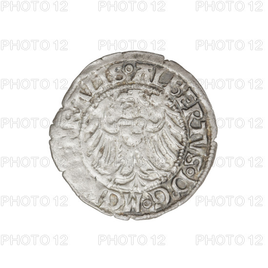 Teutonic groschen, Albrecht Hohenzollern (prince in Prussia; Grand Master; 1490–1568). Obverse: Brandenburg eagle with the Hohenzollern shield on its chest; on the rim, between the pearl borders, an inscription. Reverse: monastic shield of the Grand Master with a cross whose elongated, widening arms divide the rim legend and reach the outer rim; on the rim between the pearl borders there is an inscription. 1515. State of the Teutonic Order (1226–1525), Königsberg. Coin, diameter 21.2 mm, weight 1.25 g, axis 225°.