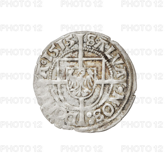 Teutonic groschen, Albrecht Hohenzollern (prince in Prussia; Grand Master; 1490–1568). Obverse: Brandenburg eagle with the Hohenzollern shield on its chest; on the rim, between the pearl borders, an inscription. Reverse: monastic shield of the Grand Master with a cross whose elongated, widening arms divide the rim legend and reach the outer rim; on the rim between the pearl borders there is an inscription. 1515. State of the Teutonic Order (1226–1525), Königsberg. Coin; diameter 21.2 mm; weight 1.25 g; axis 225°.