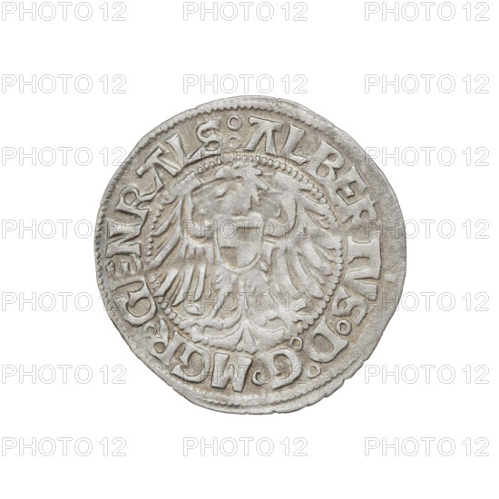 Teutonic groschen of Albrecht Hohenzollern (1490–1568). Obverse: Brandenburg eagle with the Hohenzollern shield on its chest; rim inscription between pearl borders. Reverse: monastic shield of the Grand Master with a cross whose elongated, widening arms divide the rim legend and reach the outer rim; rim inscription between pearl borders. Dated 1515. State of the Teutonic Order (1226–1525), Königsberg. Coin; diameter 21.5 mm, weight 1.28 g, axis 90°.