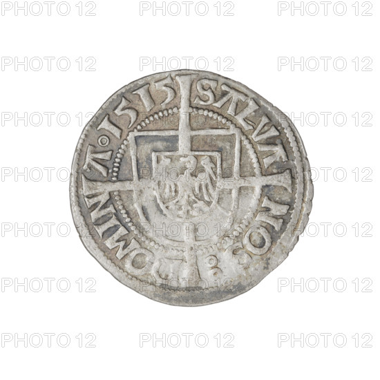 Teutonic groschen, Albrecht Hohenzollern (prince in Prussia; Grand Master; 1490–1568). Obverse: Brandenburg eagle with the Hohenzollern shield on his chest; on the rim between the pearl borders an inscription. Reverse: monastic shield of the Grand Master with a cross whose elongated, widening arms divide the rim legend and reach the outer rim; on the rim between the pearl borders an inscription. Dated 1515. State of the Teutonic Order (1226–1525), Königsberg. Coin, diameter 21.5 mm, weight 1.28 g, axis 90°.