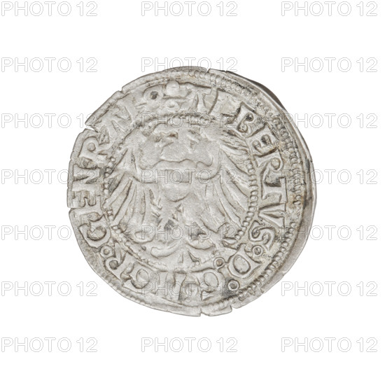 Teutonic groschen, Albrecht Hohenzollern (prince in Prussia; Grand Master; 1490–1568). Obverse: Brandenburg eagle with the Hohenzollern shield on its chest; on the rim between pearly borders an inscription. Reverse: monastic shield of the Grand Master with a cross whose elongated, widening arms divide the rim legend and reach the outer rim; in the rim between the pearl borders an inscription. 1515. State of the Teutonic Order (1226–1525), Königsberg. Coin; diameter 22 mm, weight 1.35 g, axis 150°.