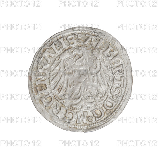 Teutonic groschen, Albrecht Hohenzollern (prince in Prussia; Grand Master; 1490–1568). Obverse: Brandenburg eagle with the Hohenzollern shield on its chest; on the rim between the pearl borders an inscription. Reverse: monastic shield of the Grand Master with a cross whose elongated, widening arms divide the rim legend and reach the outer rim; on the rim between the pearl borders an inscription. Date: 1515. State of the Teutonic Order (1226–1525), Königsberg. Coin; diameter 22.3 mm; weight 1.72 g; axis 150°.