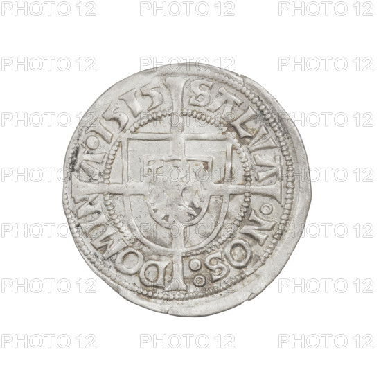 Teutonic groschen, Albrecht Hohenzollern (prince in Prussia; Grand Master; 1490–1568). Obverse: Brandenburg eagle with the Hohenzollern shield on its chest; on the rim, between the pearl borders, an inscription. Reverse: monastic shield of the Grand Master with a cross whose elongated, widening arms divide the rim legend and reach the outer rim; on the rim between the pearl borders there is an inscription. 1515. State of the Teutonic Order (1226–1525). Königsberg. Coin; diameter 22.3 mm; weight 1.72 g; axis 150°.