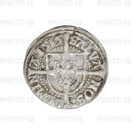 Teutonic groschen, Albrecht Hohenzollern (prince in Prussia; Grand Master; 1490–1568). Obverse: Brandenburg eagle with the Hohenzollern shield on its chest; on the rim between pearl-shaped borders an inscription. Reverse: Teutonic Knights' shield of the Grand Master with a cross whose elongated, widening arms divide the rim legend and reach the outer rim; in the rim between the pearl borders there is an inscription. 1515. State of the Teutonic Order (1226–1525), Königsberg. Coin; diameter 21.4 mm; weight 1.41 g; axis 0°.