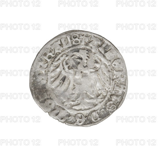 Teutonic groschen, Albrecht Hohenzollern (prince in Prussia; Grand Master; 1490–1568); obverse: Brandenburg eagle with the Hohenzollern shield on his chest; on the rim, between pearly borders, an inscription; reverse: monastic shield of the Grand Master with a cross with elongated, widening arms dividing the rim legend and reaching the outer rim; in the rim between pearl borders an inscription; dated 1516; State of the Teutonic Order (1226–1525), Königsberg; coin, diameter 20.8 mm, weight 1.58 g, axis 260°.