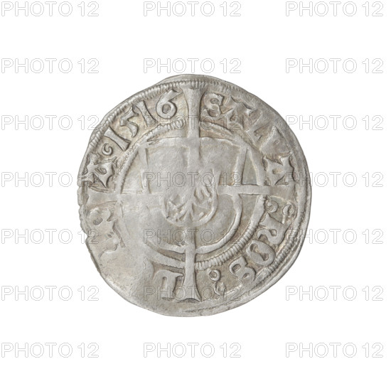 Teutonic groschen, Albrecht Hohenzollern (prince in Prussia; Grand Master; 1490–1568). Obverse: Brandenburg eagle with the Hohenzollern shield on his chest; on the rim between pearly borders an inscription. Reverse: monastic shield of the Grand Master with a cross whose elongated, widening arms divide the rim legend and reach the outer rim; on the rim between pearl borders an inscription. Iconography: cross with elongated arms, monastic shield of the Grand Master, Brandenburg eagle, Hohenzollern coat of arms. Date: 1516. State of the Teutonic Order (1226–1525), Königsberg. Coin, diameter 20.8 mm, weight 1.58 g, axis 260°.