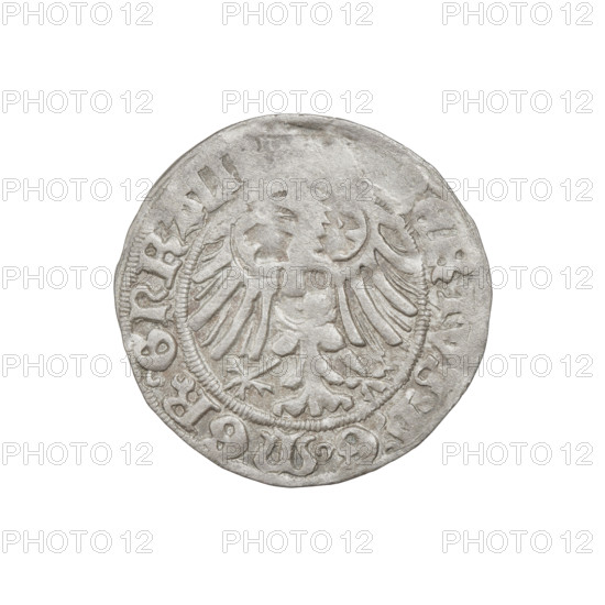 Teutonic groschen, Albrecht Hohenzollern (prince in Prussia; Grand Master; 1490–1568). Obverse: Brandenburg eagle with the Hohenzollern shield on his chest; on the rim, between the pearl borders, an inscription. Reverse: monastic shield of the Grand Master with a cross whose elongated, widening arms divide the rim legend and reach the outer rim; on the rim between the pearl borders there is an inscription. Date: 1516. State of the Teutonic Order (1226–1525), Königsberg. Coin; diameter 20.9 mm; weight 1.66 g; axis 280°.