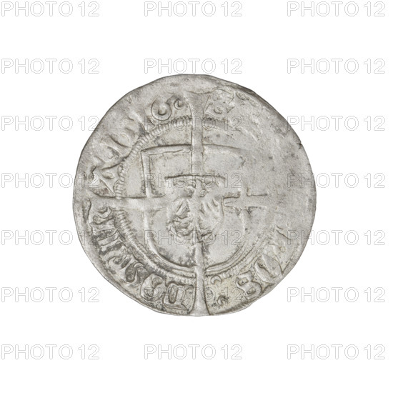 Teutonic groschen of Albrecht Hohenzollern (prince in Prussia; Grand Master; 1490–1568). Obverse: Brandenburg eagle with the Hohenzollern shield on its chest; on the rim, between pearly borders, an inscription. Reverse: monastic shield of the Grand Master with a cross whose elongated, widening arms divide the rim legend and reach the outer rim; on the rim between pearl borders there is an inscription. Dated 1516. State of the Teutonic Order (1226–1525), Königsberg. Coin; diameter 20.9 mm; weight 1.66 g; axis 280°.