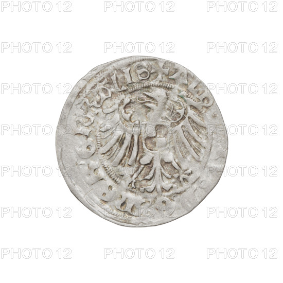 Teutonic groschen, Albrecht Hohenzollern (prince in Prussia; Grand Master; 1490–1568). Obverse: Brandenburg eagle with the Hohenzollern shield on his chest; on the rim, between the pearl borders, an inscription. Reverse: monastic shield of the Grand Master with a cross whose elongated, widening arms divide the rim legend and reach the outer rim; in the rim between the pearl borders there is an inscription. 1516. State of the Teutonic Order (1226–1525), Königsberg. Coin; diameter 20.5 mm, weight 1.33 g, axis 60°.
