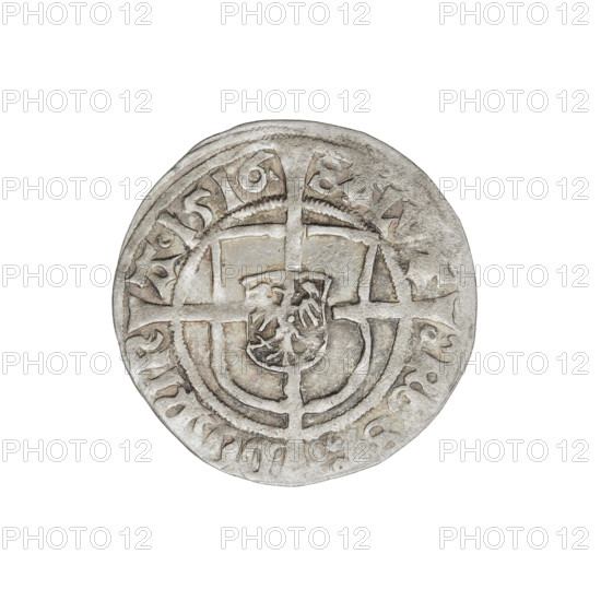 Teutonic groschen, Albrecht Hohenzollern (prince in Prussia; Grand Master; 1490–1568). Obverse: Brandenburg eagle with the Hohenzollern shield on his chest; on the rim, between the pearly borders, an inscription. Reverse: monastic shield of the Grand Master with a cross whose elongated, widening arms divide the rim legend and reach the outer rim; in the rim between the pearl borders there is an inscription. Date: 1516. State of the Teutonic Order (1226–1525), Königsberg. Coin: diameter 20.5 mm, weight 1.33 g, axis 60°.