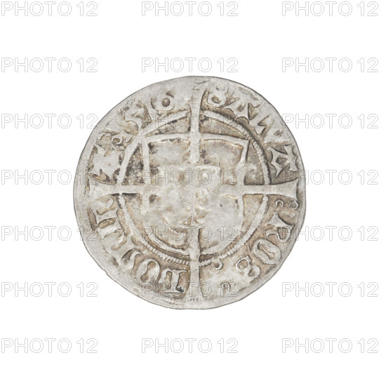 Teutonic groschen, Albrecht Hohenzollern (prince in Prussia; Grand Master; 1490–1568). Obverse: Brandenburg eagle with the Hohenzollern shield on its chest; on the rim, between the pearly borders, an inscription. Reverse: Monastic shield of the Grand Master with a cross whose elongated, widening arms divide the rim legend and reach the outer rim; on the rim between the pearl borders an inscription. 1516. State of the Teutonic Order (1226–1525), Königsberg. Coin; diameter 20.5 mm; weight 1.27 g; axis 315°.
