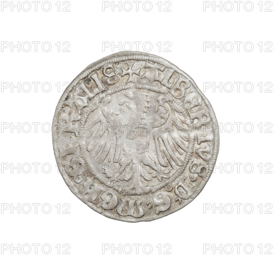 Teutonic groschen, Albrecht Hohenzollern (prince in Prussia; Grand Master; 1490–1568). Obverse: Brandenburg eagle with the Hohenzollern shield on its chest; on the rim, between pearly borders, an inscription. Reverse: monastic shield of the Grand Master with a cross whose elongated, widening arms divide the rim legend and reach the outer rim; on the rim between pearl borders an inscription. 1517. State of the Teutonic Order (1226–1525), Königsberg. Coin; diameter 20.7 mm; weight 1.32 g; axis 270°.