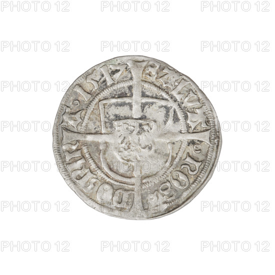Teutonic groschen, Albrecht Hohenzollern (prince in Prussia; Grand Master; 1490–1568). Obverse: Brandenburg eagle with the Hohenzollern shield on its chest; on the rim, between the pearly borders, an inscription. Reverse: Monastic shield of the Grand Master with a cross whose elongated, widening arms divide the rim legend and reach the outer rim; on the rim between the pearl borders there is an inscription. Dated 1517. State of the Teutonic Order (1226–1525), Königsberg. Coin; diameter 20.7 mm; weight 1.32 g; axis 270°. Hohenzollern coat of arms; Teutonic Knights (order).
