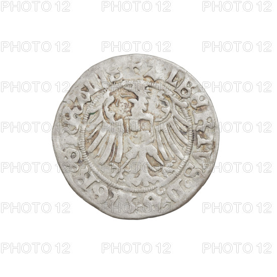 Teutonic groschen, Albrecht Hohenzollern (prince in Prussia; Grand Master; 1490–1568). Obverse: Brandenburg eagle with the Hohenzollern shield on its breast; on the rim, between pearly borders, an inscription. Reverse: monastic shield of the Grand Master with a cross whose elongated, widening arms divide the rim legend and reach the outer rim; on the rim between the pearl borders there is an inscription. 1517. State of the Teutonic Order (1226–1525), Königsberg. Coin; diameter 20.2 mm; weight 1.52 g; axis 170°.
