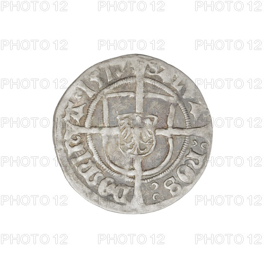 Teutonic groschen, Albrecht Hohenzollern (prince in Prussia; Grand Master; 1490–1568). Obverse: Brandenburg eagle with the Hohenzollern shield on its breast; on the rim, between the pearl borders, an inscription. Reverse: Monastic shield of the Grand Master with a cross whose elongated, widening arms divide the rim legend and reach the outer rim; on the rim between the pearl borders there is an inscription. 1517. State of the Teutonic Order (1226–1525), Königsberg. Coin; diameter 20.2 mm; weight 1.52 g; axis 170°.