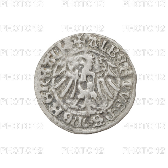 Teutonic groschen, Albrecht Hohenzollern (prince in Prussia; Grand Master; 1490–1568). Obverse: Brandenburg eagle with the Hohenzollern shield on his chest; on the rim, between the pearly borders, an inscription. Reverse: Monastic shield of the Grand Master with a cross whose elongated, widening arms divide the rim legend and reach the outer rim; in the rim between the pearl borders there is an inscription. 1518. State of the Teutonic Order (1226–1525), Königsberg. Coin; diameter 20.6 mm; weight 1.48 g; axis 0°.