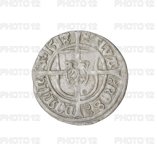 Teutonic groschen, Albrecht Hohenzollern (prince in Prussia; Grand Master; 1490–1568). Obverse: Brandenburg eagle with the Hohenzollern shield on his chest; on the rim, between the pearl borders, an inscription. Reverse: monastic shield of the Grand Master with a cross whose elongated, widening arms divide the rim legend and reach the outer rim; in the rim between the pearl borders there is an inscription. 1518. State of the Teutonic Order (1226–1525), Königsberg. Coin, diameter 20.6 mm, weight 1.48 g, axis 0 degrees.