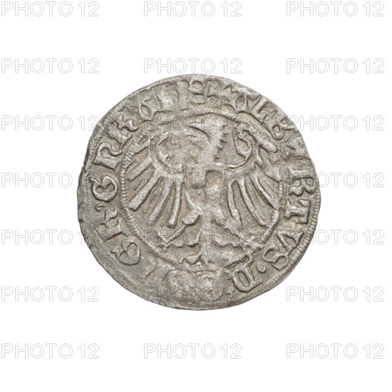 Teutonic groschen, Albrecht Hohenzollern (prince in Prussia; Grand Master; 1490–1568). Obverse: Brandenburg eagle with the Hohenzollern shield on its chest; on the rim, between pearly borders, an inscription. Reverse: Monastic shield of the Grand Master with a cross whose elongated, widening arms divide the rim legend and reach the outer rim; in the rim between the pearl borders there is an inscription. 1518. State of the Teutonic Order (1226–1525), Königsberg. Coin; diameter 20.9 mm; weight 1.55 g; axis 290°.