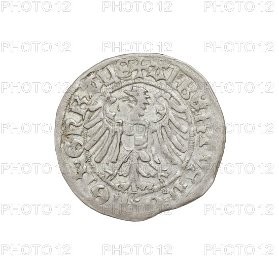 Teutonic groschen, Albrecht Hohenzollern (prince in Prussia; Grand Master; 1490–1568). Obverse: Brandenburg eagle with the Hohenzollern shield on its breast; in the rim between pearly borders an inscription. Reverse: monastic shield of the Grand Master with a cross whose elongated, widening arms divide the rim legend and reach the outer rim; in the rim between the pearl borders an inscription. Iconography: cross with elongated arms, Brandenburg eagle, monastic shield, Hohenzollern coat of arms; Teutonic Knights (order). Date: 1519. State of the Teutonic Order (1226–1525), Königsberg. Coin: diameter 20.9 mm, weight 1.44 g, axis 315°.