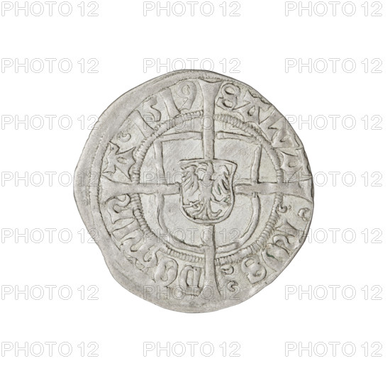 Teutonic groschen, Albrecht Hohenzollern (prince in Prussia; Grand Master; 1490–1568). Obverse: Brandenburg eagle with the Hohenzollern shield on its breast; rim between pearly borders bears an inscription. Reverse: monastic shield of the Grand Master with a cross whose elongated, widening arms divide the rim legend and reach the outer rim; rim between pearly borders bears an inscription. Iconography: cross with elongated arms, Brandenburg eagle, monastic shield, Hohenzollern coat of arms; Teutonic Knights (order). Date: 1519. Place: Königsberg. Coin; diameter 20.9 mm; weight 1.44 g; axis 315°.