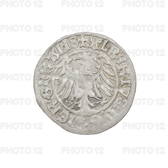 Teutonic groschen, Albrecht Hohenzollern (prince in Prussia; Grand Master; 1490–1568). Obverse: Brandenburg eagle with the Hohenzollern shield on its chest; on the rim between pearly borders an inscription. Reverse: monastic shield of the Grand Master with a cross whose elongated, widening arms divide the rim legend and reach the outer rim; in the rim between the pearl borders an inscription. Inscription date: 1519. State of the Teutonic Order (1226–1525), Königsberg. Coin; diameter 20.5 mm; weight 1.25 g; axis 180 degrees. Hohenzollern coat of arms; Teutonic Knights (order).