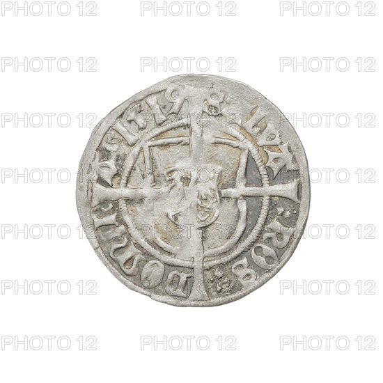 Teutonic groschen, Albrecht Hohenzollern (prince in Prussia; Grand Master; 1490–1568). Obverse: Brandenburg eagle with the Hohenzollern shield on its chest; on the rim between the pearl borders an inscription. Reverse: monastic shield of the Grand Master with a cross whose elongated, widening arms divide the rim legend and reach the outer rim; in the rim between the pearl borders an inscription. Iconography: cross with elongated arms, monastic shield, Brandenburg eagle, Hohenzollern coat of arms; Teutonic Knights (order). Date: 1519. State of the Teutonic Order (1226–1525), Königsberg. Coin: diameter 20.5 mm, weight 1.25 g, axis 180°.