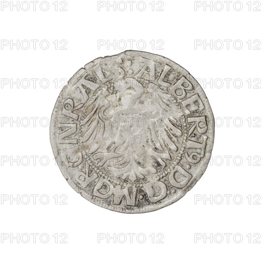 Teutonic groschen, Albrecht Hohenzollern (prince in Prussia; Grand Master; 1490–1568). Obverse: Brandenburg eagle with the Hohenzollern shield on its chest; on the rim, between the pearl borders, an inscription. Reverse: monastic shield of the Grand Master with a cross whose elongated, widening arms divide the rim legend and reach the outer rim; in the rim between the pearl borders there is an inscription. Date: 1519. State of the Teutonic Order (1226–1525), Königsberg. Coin; diameter 20.8 mm; weight 1.49 g; axis 100°.