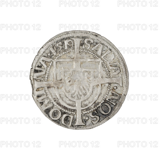 Teutonic groschen, Albrecht Hohenzollern (prince in Prussia; Grand Master; 1490–1568). Obverse: Brandenburg eagle with the Hohenzollern shield on its chest; on the rim, between the pearl borders, an inscription. Reverse: monastic shield of the Grand Master with a cross whose elongated, widening arms divide the rim legend and reach the outer rim; in the rim between the pearl borders there is an inscription. 1519. State of the Teutonic Order (1226–1525), Königsberg. Coin; diameter 20.8 mm; weight 1.49 g; axis 100°.