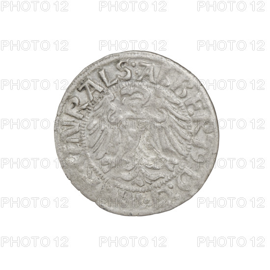 Teutonic groschen, Albrecht Hohenzollern (prince in Prussia; Grand Master; 1490–1568). Obverse: Brandenburg eagle with the Hohenzollern shield on its breast; rim inscription between pearly borders. Reverse: monastic shield of the Grand Master with a cross whose elongated, widening arms divide the rim legend and reach the outer rim; rim inscription between pearl borders. Iconography: cross with elongated arms, Brandenburg eagle, monastic shield, Hohenzollern coat of arms; Teutonic Knights (order). Date: 1519. State of the Teutonic Order (1226–1525), Königsberg. Coin, diameter 20.8 mm, weight 1.37 g, axis 45°.