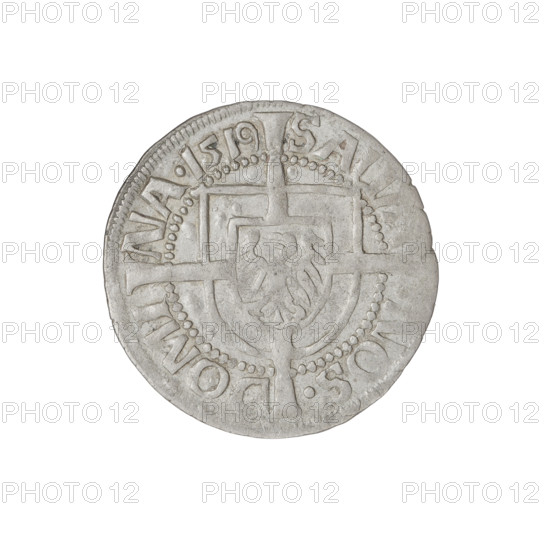 Teutonic groschen, Albrecht Hohenzollern (prince in Prussia; Grand Master; 1490–1568). Obverse: Brandenburg eagle with the Hohenzollern shield on its breast; rim inscription between pearly borders. Reverse: monastic shield of the Grand Master with a cross whose elongated, widening arms divide the rim legend and reach the outer rim; rim inscription between pearly borders. Iconography: cross with elongated arms, Brandenburg eagle, monastic shield, Hohenzollern coat of arms; Teutonic Knights (order). Date: 1519. Place: Königsberg. State of the Teutonic Order (1226–1525). Coin; diameter 20.8 mm; weight 1.37 g; axis 45°.