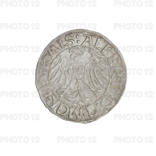 Teutonic groschen, Albrecht Hohenzollern (prince in Prussia; Grand Master; 1490–1568). Obverse: Brandenburg eagle with the Hohenzollern shield on his chest; on the rim, between pearly borders, an inscription. Reverse: monastic shield of the Grand Master with a cross whose elongated, widening arms divide the rim legend and reach the outer rim; on the rim between pearl borders there is an inscription. 1519. State of the Teutonic Order (1226–1525), Königsberg. Coin: diameter 20.3 mm, weight 1.17 g, axis 200°.