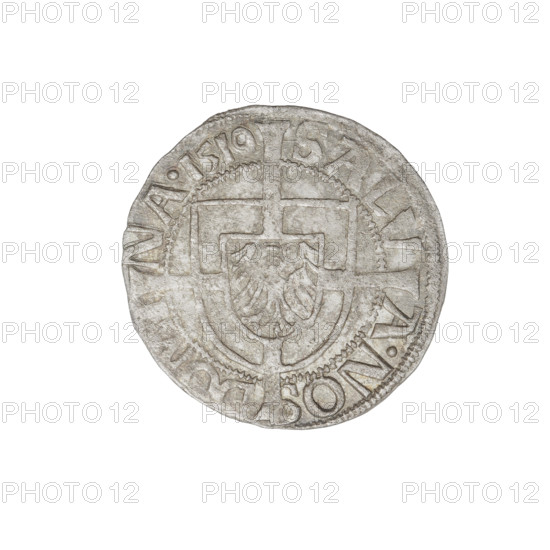Teutonic groschen, Albrecht Hohenzollern (prince in Prussia; Grand Master; 1490–1568); obverse: Brandenburg eagle with the Hohenzollern shield on its chest; on the rim between the pearly borders an inscription; reverse: monastic shield of the Grand Master with a cross whose elongated, widening arms divide the rim legend and reach the outer rim; on the rim between the pearl borders an inscription; dated 1519; State of the Teutonic Order (1226–1525), Königsberg; coin; diameter 20.3 mm; weight 1.17 g; axis 200°.