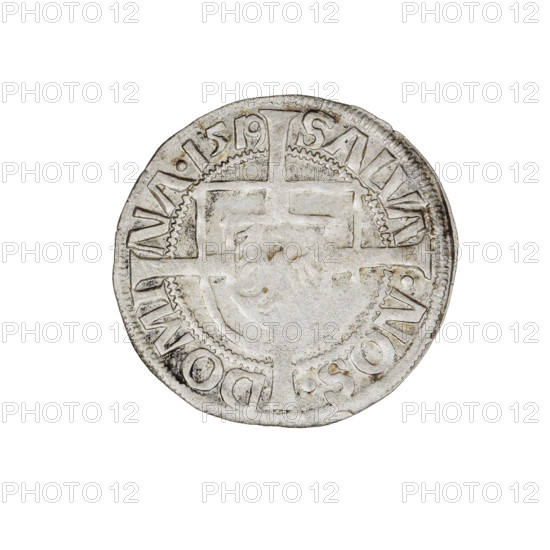 Teutonic groschen, Albrecht Hohenzollern (prince in Prussia; Grand Master; 1490–1568). Obverse: Brandenburg eagle with the Hohenzollern shield on his chest; on the rim, between the pearly borders, an inscription. Reverse: monastic shield of the Grand Master with a cross whose elongated, widening arms divide the rim legend and reach the outer rim; on the rim between the pearl borders there is an inscription. 1519. State of the Teutonic Order (1226–1525), Königsberg. Coin; diameter 21.1 mm; weight 1.65 g; axis 315°.