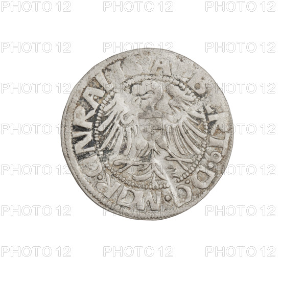 Teutonic groschen, Albrecht Hohenzollern (prince in Prussia; Grand Master; 1490–1568). Obverse: Brandenburg eagle with the Hohenzollern shield on his chest; on the rim, between the pearl borders, an inscription. Reverse: monastic shield of the Grand Master with a cross whose elongated, widening arms divide the rim legend and reach the outer rim; in the rim between the pearl borders there is an inscription. Dated 1519. State of the Teutonic Order (1226–1525), Königsberg. Coin; diameter 20.5 mm; weight 1.43 g; axis 45°.